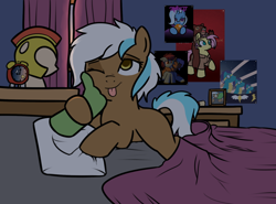 Size: 1586x1173 | Tagged: safe, artist:neuro, derpibooru import, fluttershy, trixie, oc, oc:anon, oc:ember skyes, oc:frosty hooves, pegasus, pony, alarm clock, bed, clock, disembodied hand, guard, hand, poster, wonderbolts poster