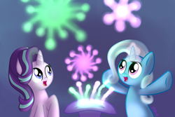 Size: 1024x683 | Tagged: safe, artist:vcm1824, derpibooru import, starlight glimmer, trixie, pony, unicorn, clothes, duo, female, fireworks, glowing horn, hat, mare, trixie's hat