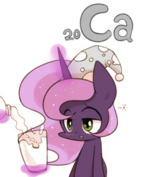 Size: 800x1000 | Tagged: safe, artist:joycall6, part of a set, princess luna, alicorn, pony, series:joycall6's periodic table, blushing, calcium, chemistry, glass, hat, milk, nightcap, periodic table, sleepy, solo