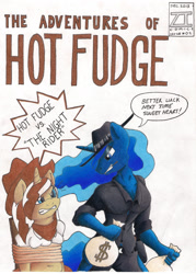 Size: 1280x1792 | Tagged: safe, artist:zacharyisaacs, princess luna, oc, oc:hot fudge, anthro, belly button, clothes, colored, hat, money bags, rope, western