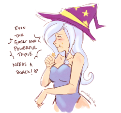 Size: 1280x1191 | Tagged: safe, artist:demdoodles, derpibooru import, trixie, human, clothes, cute, dialogue, eating, hat, humanized, leotard, light skin, magician outfit, peanut butter crackers, solo, trixie's hat