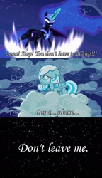 Size: 1186x2062 | Tagged: safe, edit, nightmare moon, princess luna, oc, oc:snowdrop, alicorn, pony, bad end, feels, image macro, sad, screencap comic