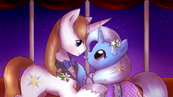 Size: 1600x900 | Tagged: safe, artist:nika191319, derpibooru import, prince blueblood, trixie, pony, unicorn, bluetrix, bowtie, clothes, crack shipping, dress, female, looking at each other, male, mare, shipping, stallion, straight