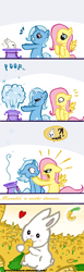 Size: 1547x5000 | Tagged: safe, artist:loukaw, derpibooru import, angel bunny, fluttershy, trixie, pegasus, pony, angry, carrot, comic, cute, eating, food, good end, hat, heart, magic, magic trick, pictogram, pile