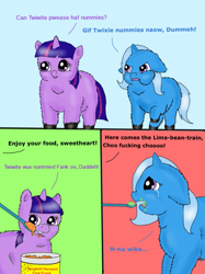 Size: 669x894 | Tagged: safe, artist:waggytail, derpibooru import, trixie, twilight sparkle, fluffy pony, cheek puffing, lima beans, vulgar