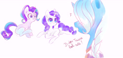 Size: 10625x5000 | Tagged: safe, artist:pinkablue, derpibooru import, rarity, starlight glimmer, trixie, pony, unicorn, absurd resolution, blushing, braid, clothes, dialogue, dressed, female, implied lesbian, implied shipping, implied startrix, mare, simple background, smiling, white background