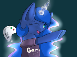 Size: 3900x2900 | Tagged: safe, artist:paperdakku, princess luna, alicorn, pony, clothes, gamer luna, magic, solo, t-shirt, telekinesis, wink