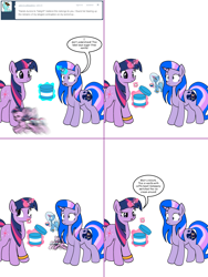 Size: 1204x1604 | Tagged: safe, artist:dekomaru, derpibooru import, trixie, twilight sparkle, oc, oc:aurora, oc:midnight, pony, unicorn, ask, baby, baby pony, coffee, magic, magical lesbian spawn, offspring, parent:trixie, parent:twilight sparkle, parents:twixie, tumblr, tumblr:ask twixie