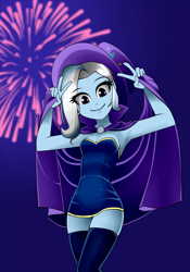 Size: 1050x1500 | Tagged: safe, artist:nekojackun, derpibooru import, trixie, equestria girls, adorasexy, armpits, bare shoulders, breasts, cape, cleavage, clothes, cute, dress, female, fireworks, hat, looking at you, night, peace sign, sexy, short dress, sleeveless, smiling, solo, starry eyes, stockings, strapless, thigh highs, trixie's cape, trixie's hat, wingding eyes