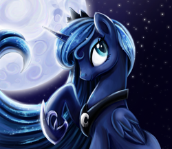 Size: 1991x1725 | Tagged: safe, artist:jadedjynx, princess luna, alicorn, pony, crown, ethereal mane, eyelashes, female, folded wings, hoof shoes, horn, jewelry, moon, night, raised hoof, regalia, smiling, solo, stars, wings