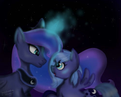 Size: 1000x800 | Tagged: safe, artist:marylinnblack, princess luna, alicorn, pony, filly, magic, night, self ponidox, smiling, spread wings, woona