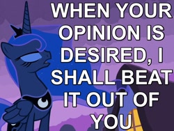 Size: 640x480 | Tagged: safe, edit, edited screencap, screencap, princess luna, alicorn, pony, luna eclipsed, caption, eyes closed, female, image macro, mare, reaction image, solo, text