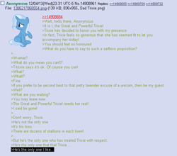 Size: 618x545 | Tagged: safe, derpibooru import, trixie, /mlp/, 4chan, anon in equestria, feels, greentext, rejection is magic, text