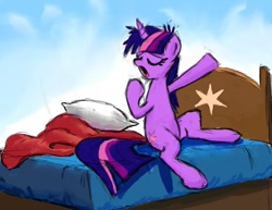 Size: 1100x849 | Tagged: safe, artist:gsphere, derpibooru import, twilight sparkle, unicorn twilight, pony, unicorn, bed, eyes closed, female, mare, morning ponies, open mouth, pillow, sitting, solo, yawn