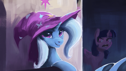 Size: 1920x1080 | Tagged: safe, artist:hierozaki, derpibooru import, trixie, twilight sparkle, twilight sparkle (alicorn), alicorn, pony, unicorn, clothes, duo, female, friendship throne, hat, looking at you, mare, open mouth, smiling, solo focus, throne, trixie's hat, twilight is not amused, unamused