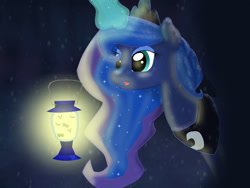 Size: 2048x1536 | Tagged: safe, artist:bratzoid, princess luna, alicorn, firefly (insect), pony, ethereal mane, female, firefly lamp, lamp, lantern, magic, mare, snow, snowfall, solo, starry mane, telekinesis