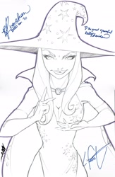 Size: 2169x3326 | Tagged: safe, artist:nicole gauss, derpibooru import, trixie, human, accessory swap, autograph, breasts, cape, cleavage, clothes, commission, female, hat, humanized, jewelry, kelly sheridan, kira buckland, lauren faust, looking at you, magician outfit, necklace, rina-chan, signature, sketch, solo, trixie's hat