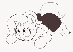 Size: 1280x922 | Tagged: safe, artist:pabbley, derpibooru import, trixie, pony, unicorn, clothes, female, mare, monochrome, simple background, solo, sweat, tired