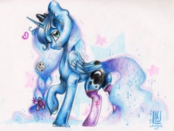 Size: 3026x2280 | Tagged: safe, artist:byluk, princess luna, alicorn, pony, clothes, heart, implied twiluna, smiling, socks, solo, traditional art