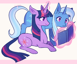 Size: 1110x914 | Tagged: safe, artist:kiyoon, derpibooru import, trixie, twilight sparkle, unicorn twilight, pony, unicorn, book, cute, diatrixes, ear fluff, female, glowing horn, lesbian, levitation, magic, mare, reading, shipping, simple background, smiling, telekinesis, twixie, white background