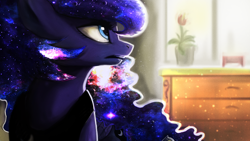 Size: 1920x1080 | Tagged: safe, artist:hierozaki, princess luna, alicorn, pony, colored, dust motes, galaxy mane, solo, window