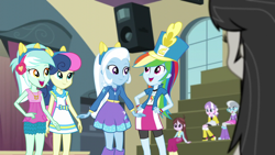 Size: 1280x720 | Tagged: safe, derpibooru import, screencap, bon bon, diamond tiara, lyra heartstrings, octavia melody, rainbow dash, silver spoon, sweetie drops, trixie, velvet sky, equestria girls, friendship games, pony ears, wondercolts