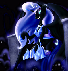 Size: 3400x3556 | Tagged: safe, artist:bludraconoid, nightmare moon, princess luna, alicorn, pony, armor, nightmare forces, sitting, throne