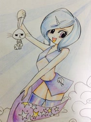 Size: 640x852 | Tagged: artist needed, safe, derpibooru import, angel bunny, trixie, human, belly button, cute, horned humanization, humanized, light skin, magic trick, traditional art