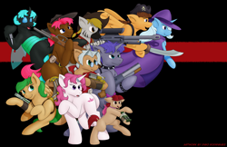 Size: 1024x664 | Tagged: safe, artist:digoraccoon, derpibooru import, trixie, oc, oc:cheryl rose, oc:doc wagon, oc:ellie sprocket, oc:manco correo, oc:mirror armor, oc:sabina, oc:springboard jackie, oc:switchblade, oc:zeeps, pony, zebra, gun, sword, weapon, zebra oc