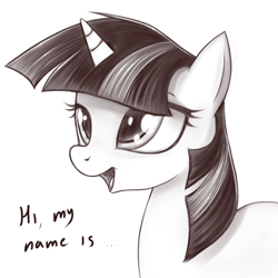 Size: 640x640 | Tagged: safe, artist:rainbow, derpibooru import, twilight sparkle, pony, g4, dialogue, female, mare, monochrome, simple background, solo