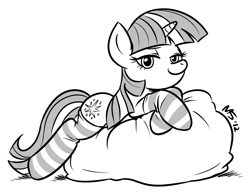 Size: 1155x892 | Tagged: safe, artist:megasweet, derpibooru import, twilight sparkle, unicorn twilight, pony, unicorn, clothes, female, grin, looking at you, mare, monochrome, prone, smiling, socks, solo, striped socks