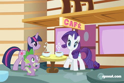 Size: 800x533 | Tagged: safe, artist:alienfirst, derpibooru import, rarity, spike, twilight sparkle, dragon, pony, unicorn, cafe, coffee