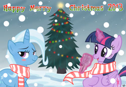 Size: 2900x2000 | Tagged: safe, artist:benkomilk, derpibooru import, trixie, twilight sparkle, twilight sparkle (alicorn), alicorn, pony, blushing, christmas, christmas tree, female, lesbian, mare, microphone, shipping, snow, snowfall, tree, twixie