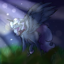 Size: 1000x1000 | Tagged: safe, artist:friendshipscartoons, princess luna, alicorn, pony, crepuscular rays, ear fluff, floppy ears, fluffy, s1 luna, solo, spread wings