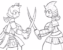 Size: 2300x1800 | Tagged: safe, derpibooru import, trixie, twilight sparkle, anthro, armor, breasts, female, helmet, monochrome, samurai, simple background, sketch, sword