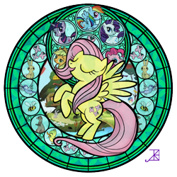 Size: 720x720 | Tagged: safe, artist:akili-amethyst, derpibooru import, applejack, fluttershy, pinkie pie, rainbow dash, rarity, twilight sparkle, bee, bird, butterfly, duck, earth pony, ferret, pegasus, pony, unicorn, dive to the heart, kingdom hearts, stained glass