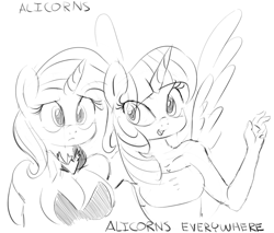 Size: 901x769 | Tagged: safe, artist:zev, derpibooru import, trixie, twilight sparkle, twilight sparkle (alicorn), alicorn, anthro, alicorn amulet, breasts, female, grayscale, monochrome, titsie, x x everywhere