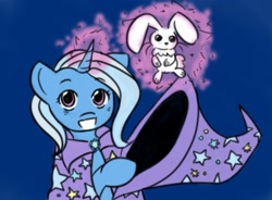 Size: 2281x1679 | Tagged: safe, artist:aude-okami, derpibooru import, trixie, rabbit, bunny out of the hat, glowing horn, hat, hoof hold, magic, magic trick, telekinesis, trixie's cape, trixie's hat