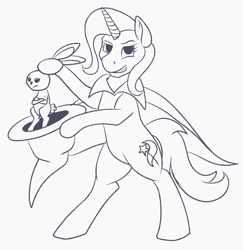 Size: 995x1024 | Tagged: safe, artist:tlatophat, derpibooru import, angel bunny, trixie, pony, bipedal, hat, monochrome, trixie's cape, trixie's hat