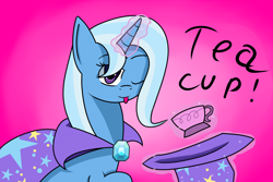 Size: 1280x853 | Tagged: safe, artist:ponywithautname, derpibooru import, trixie, pony, unicorn, :p, cup, female, gradient background, hair over one eye, levitation, looking at you, magic, mare, one eye closed, solo, teacup, telekinesis, that pony sure does love teacups, tongue out, wink