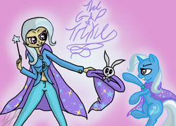 Size: 1280x914 | Tagged: safe, artist:monakaliza, derpibooru import, trixie, human, rabbit, bunny out of the hat, gradient background, hat, human ponidox, humanized, light skin, trixie's cape, trixie's hat