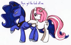 Size: 873x553 | Tagged: safe, artist:iamevilbunny, fleur-de-lis, princess luna, alicorn, pony, annoyed, gtfo, luna is not amused, raised leg, smiling, unamused, vulgar