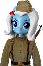 Size: 489x739 | Tagged: safe, artist:whatthehell!?, derpibooru import, edit, trixie, equestria girls, clothes, doll, equestria girls minis, gun, hat, irl, jacket, outfit, photo, rifle, simple background, soviet, stars, toy, transparent background, weapon