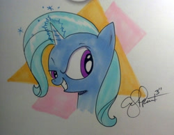Size: 1280x995 | Tagged: safe, artist:andypriceart, derpibooru import, trixie, pony, unicorn, dreamworks face, female, get, gif party, grin, magic, mare, raised eyebrow, smiling, smirk, solo, traditional art, x00000 milestone