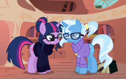 Size: 1600x1000 | Tagged: safe, artist:blackm3sh, artist:limedazzle, artist:xebck, derpibooru import, trixie, twilight sparkle, pony, unicorn, alternate hairstyle, blush sticker, blushing, clothes, female, glasses, golden oaks library, lesbian, mare, shipping, smiling, sweater, twixie