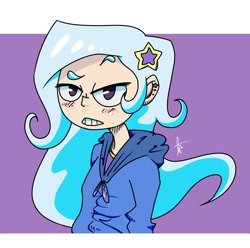 Size: 1078x1070 | Tagged: safe, artist:flan, derpibooru import, trixie, human, clothes, ear piercing, earring, female, hoodie, humanized, jewelry, piercing, solo