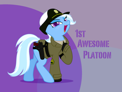Size: 1622x1230 | Tagged: safe, artist:ethanchang, derpibooru import, trixie, pony, unicorn, 1st awesome platoon, army, female, gun, helmet, holster, m1911, mare, military uniform, pistol, solo