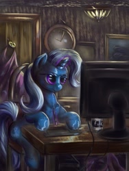 Size: 1188x1584 | Tagged: safe, artist:viwrastupr, derpibooru import, trixie, pony, unicorn, chair, clock, coffee mug, computer, desk, drawing tablet, female, interior, magic, mare, pen, sitting, solo, telekinesis