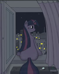 Size: 1439x1803 | Tagged: safe, artist:xyi, derpibooru import, twilight sparkle, unicorn twilight, pony, unicorn, book, both cutie marks, cellphone, city, curtains, female, key, mare, night, plot, sitting, solo, window