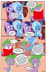 Size: 792x1224 | Tagged: safe, artist:dekomaru, derpibooru import, spike, trixie, twilight sparkle, dragon, pony, comic:the greatest gift, book, comic, female, lesbian, shipping, twixie